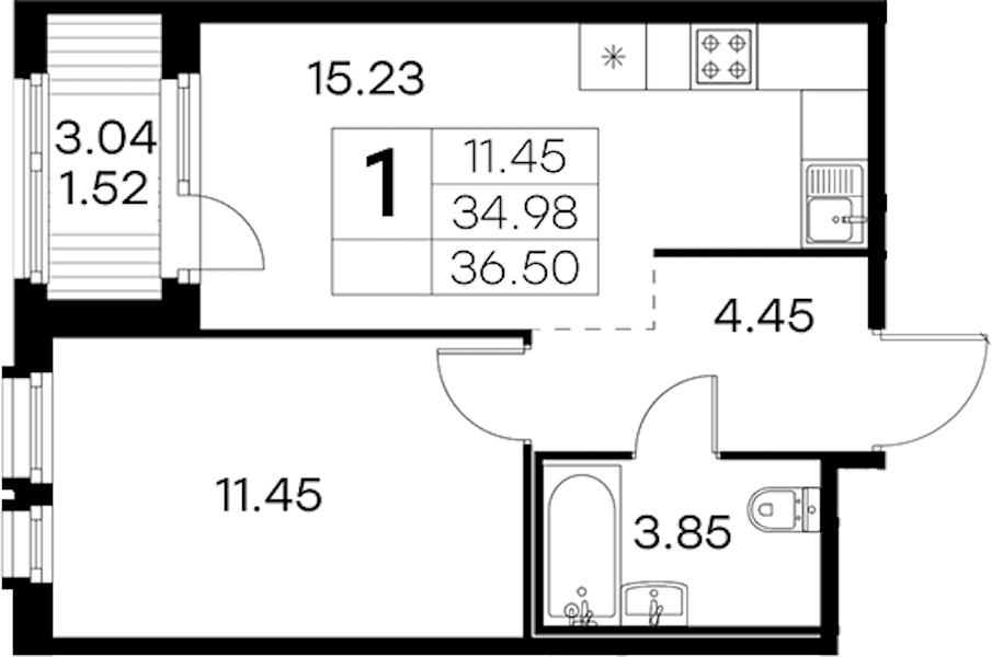 1-комнатная квартира 36.5 м², 10/15 эт., ЖК «GloraX Парголово»